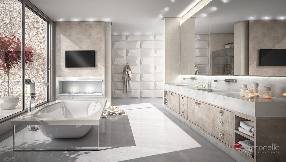 Foto de um banheiro principal moderno com dupla pia de mármore branco da Simonetto, banheira freestanding oval e chuveiro separado por vidro. O piso é de cerâmica cinza e as paredes são revestidas com azulejos brancos.